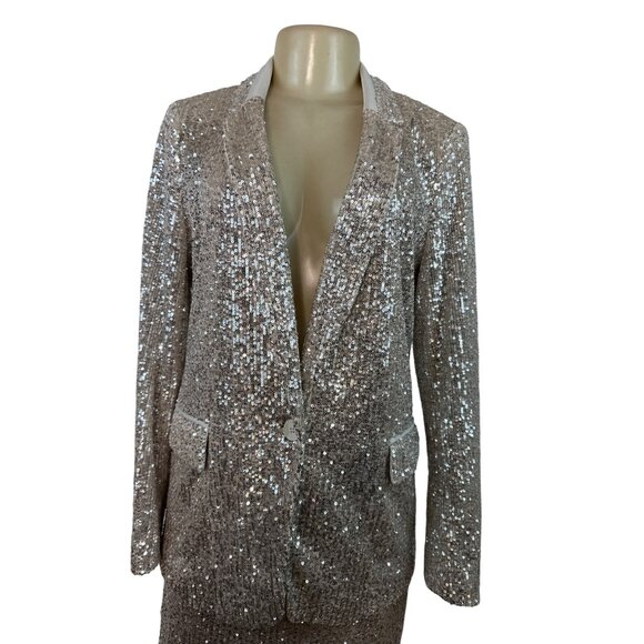 Banana Republic Women's Sequin Blazer & Mini Skirt Set Silver Sparkling Sz 8/10 - Picture 7 of 15